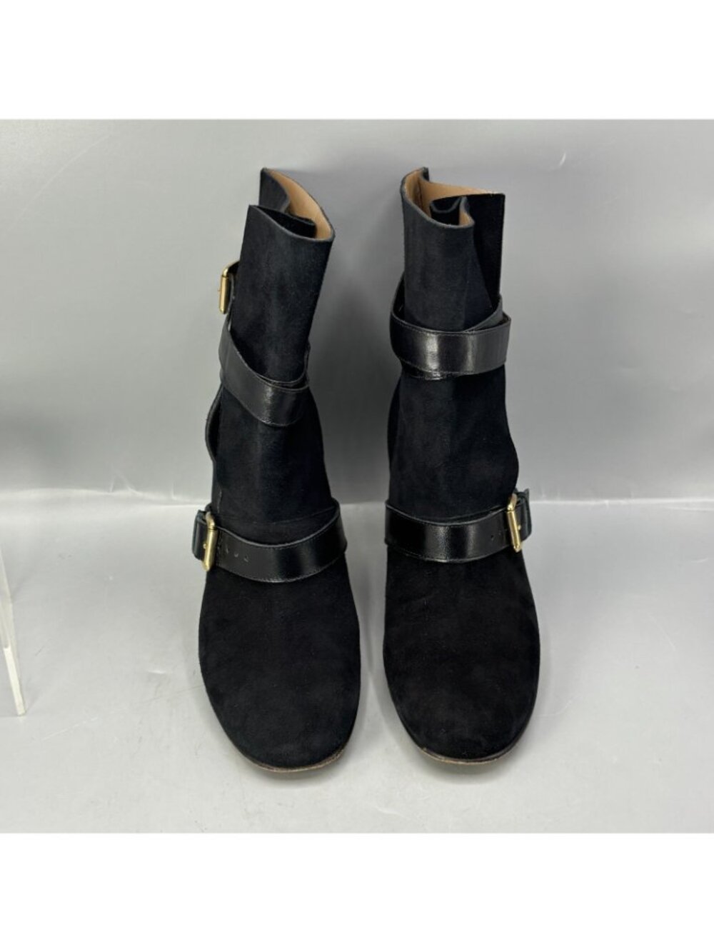 Anyi Lu Handmade Belted Booties Womens 8 Black Suede Leather Straps Cone Heel - Picture 3 of 8